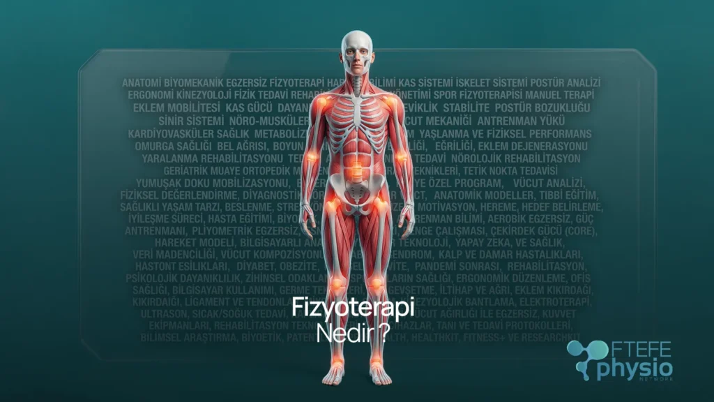 Tüm vücut kas-iskelet ve eklem noktalarını vurgulayan Fizyoterapi Nedir anatomik görseli