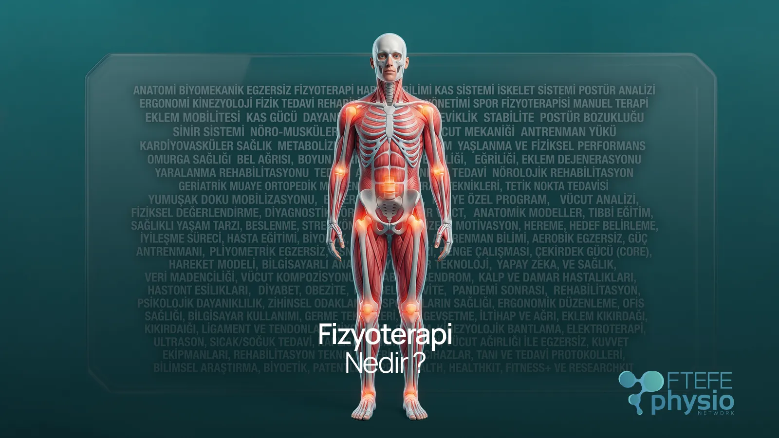 Tüm vücut kas-iskelet ve eklem noktalarını vurgulayan Fizyoterapi Nedir anatomik görseli